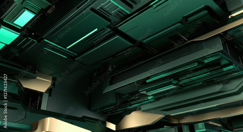 Obraz premium Futuristic abstract design with green and gold geometric shapes