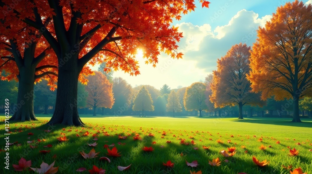 Autumnal Park Scene Golden Sunlight Illuminates Vibrant Fall Foliage and Lush Green Grass Autumnal Park Scene Golden Sunlight Illuminates Vibrant Fall Foliage and Lush Green Grass
