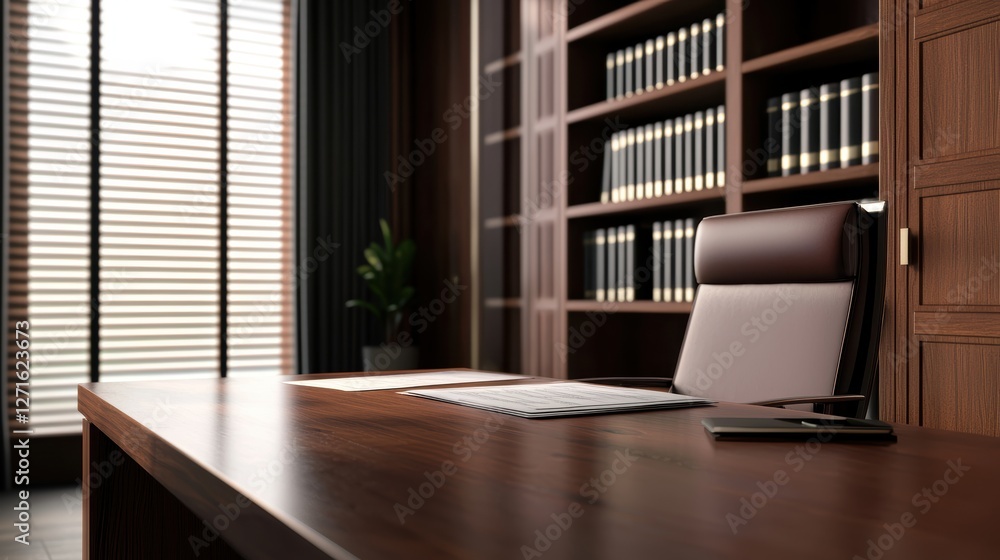 Fototapeta premium Modern Executive Office with Dark Wood Desk and Leather Chair in Sophisticated Library Setting
