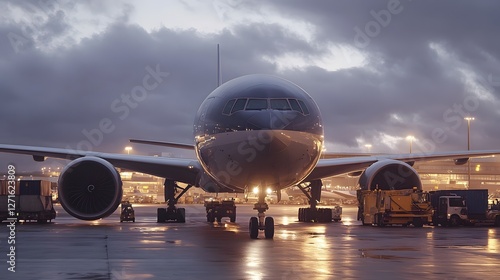 Passagierflugzeug am Flughafen bei Nacht – Luftfahrt und globaler Transport  
 photo