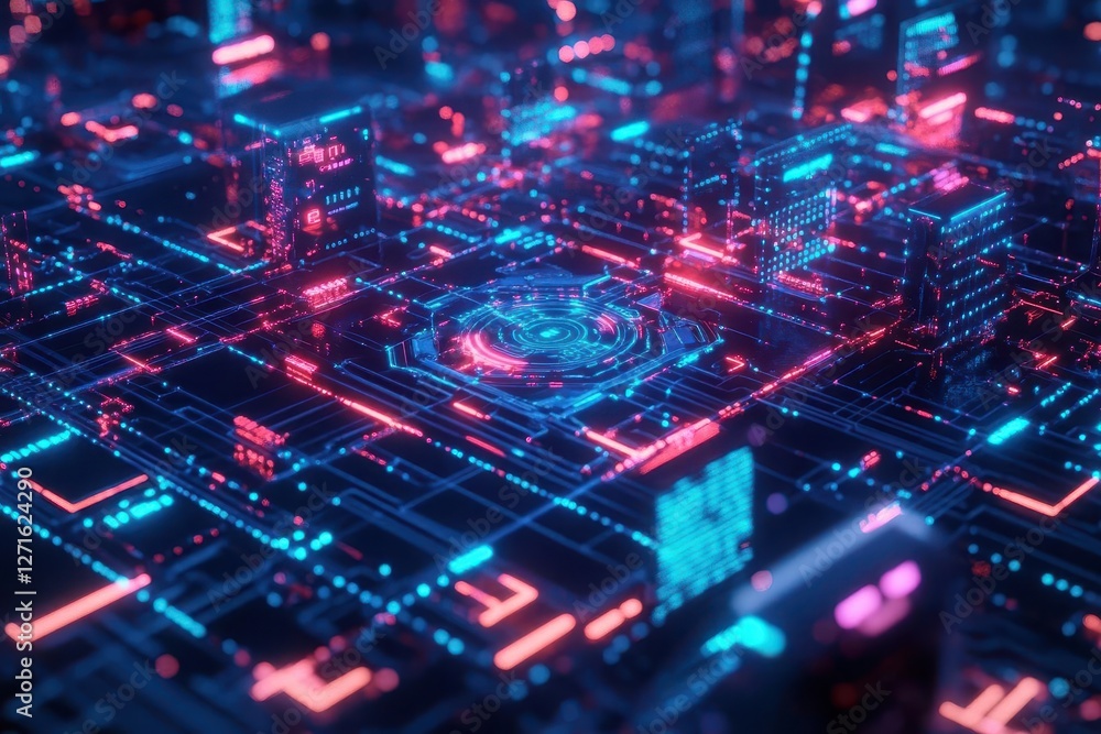 futuristic digital fortress with glowing circuit patterns and holographic shields cyberpunk aesthetic with deep blues and electric accents protecting data streams futuristic digital fortress with glowing circuit patterns and holographic shields cyberpunk aesthetic with deep blues and electric accents protecting data streams