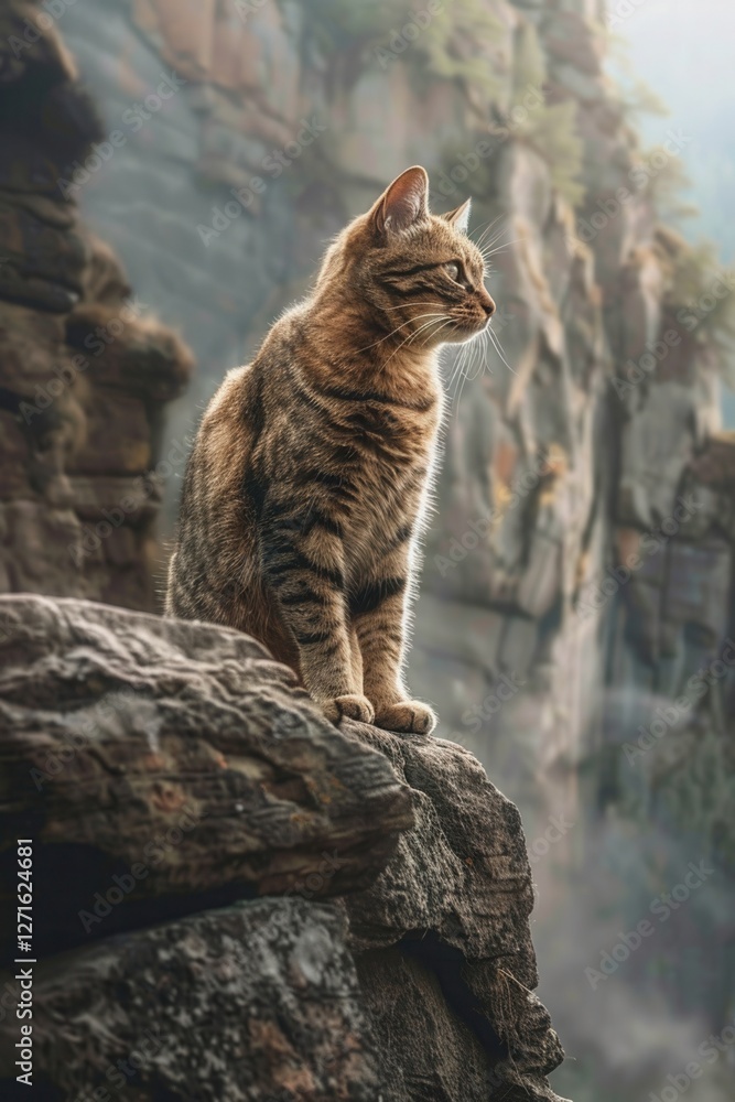 A majestic cat sits on a rocky ledge, gazing into the distance, surrounded by a misty, natural landscape. A majestic cat sits on a rocky ledge, gazing into the distance, surrounded by a misty, natural landscape.