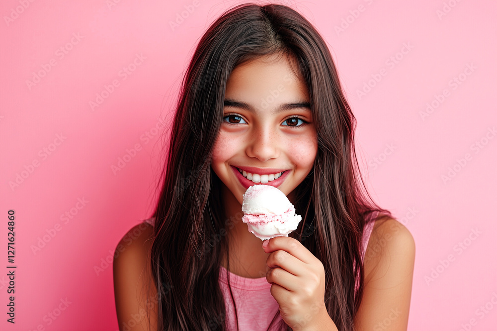 Cheerful Latin Teen Girl Savoring Ice Cream with a Spoon Cheerful Latin Teen Girl Savoring Ice Cream with a Spoon