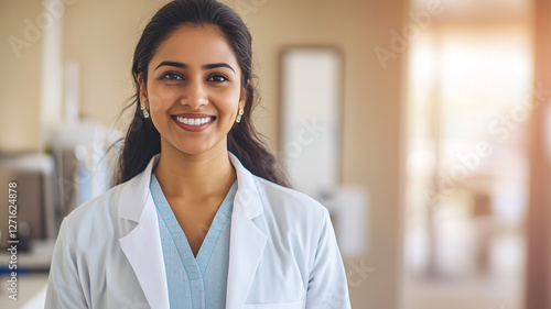 Cheerful Indian Female Doctor Standing in a Bright Medical Office