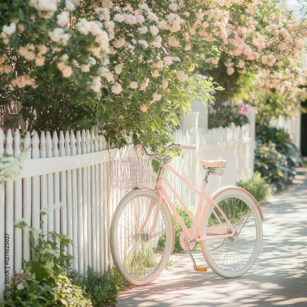 Pastel Pink Bicycle by White Picket Fence Urban Setting Spring Vibes Close-Up Perspective Aesthetic Appeal Pastel Pink Bicycle by White Picket Fence Urban Setting Spring Vibes Close-Up Perspective Aesthetic Appeal