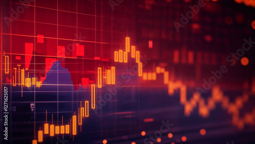Grafico dell'andamento delle azioni in borsa del mercato finanziario su sfondo rosso e viola