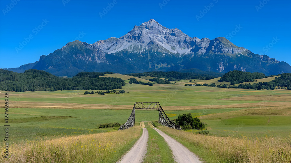 Mountain view from rural road, bridge, summer Mountain view from rural road, bridge, summer
