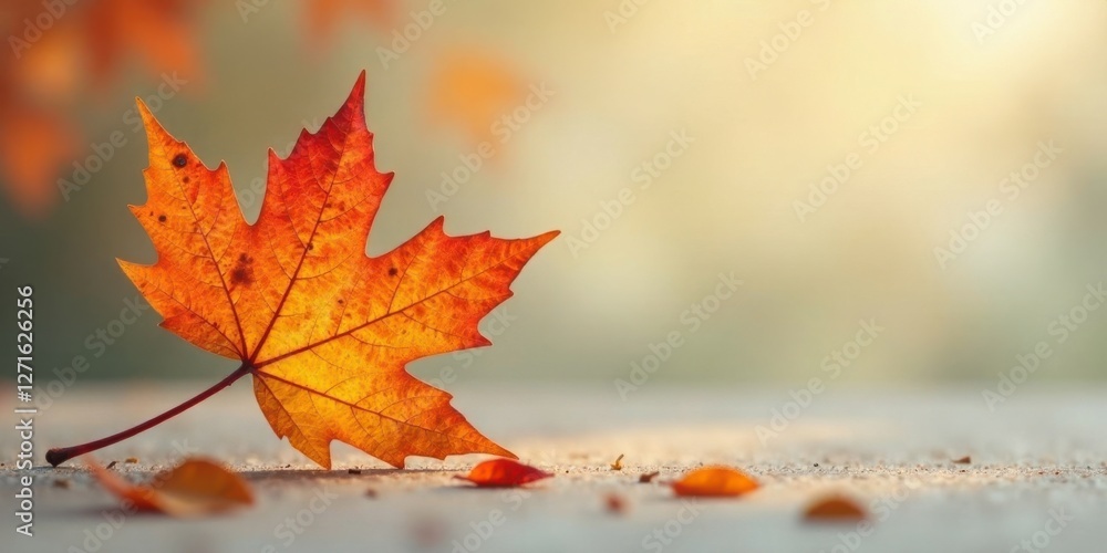 A Single Autumn Maple Leaf Resting Gently on a Smooth Surface, Bathed in Warm Golden Sunlight, Evokes Feelings of Serenity and the Tranquility of the Season A Single Autumn Maple Leaf Resting Gently on a Smooth Surface, Bathed in Warm Golden Sunlight, Evokes Feelings of Serenity and the Tranquility of the Season