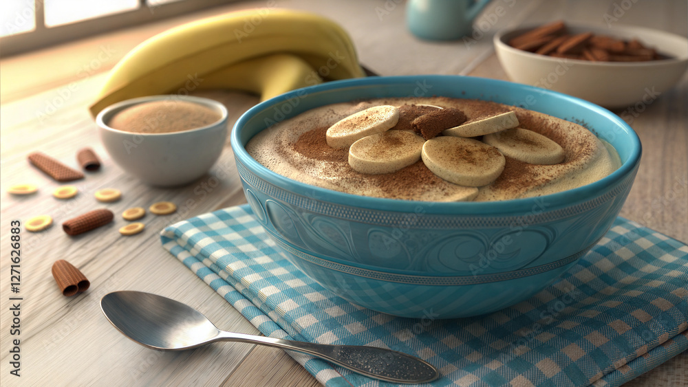 Fototapeta premium Bowl of creamy oatmeal topped with banana slices and cinnamon on a checkered tablecloth