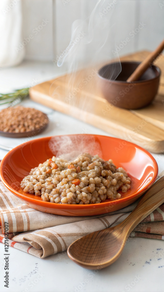 Steaming bowl of cooked grains on a rustic table with a wooden spoon and spices Steaming bowl of cooked grains on a rustic table with a wooden spoon and spices