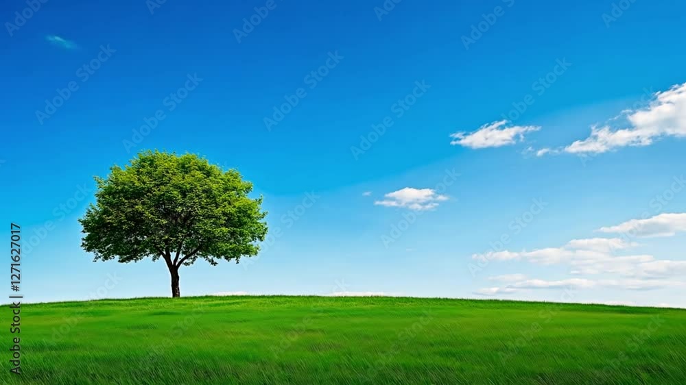 A solitary tree stands on a rolling hill in a timelapse under a bright blue sky. A solitary tree stands on a rolling hill in a timelapse under a bright blue sky.
