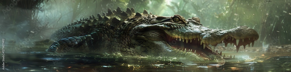 A large, menacing crocodile emerges from a misty swamp, showcasing its sharp teeth and armored scales in a dense, vibrant ecosystem. A large, menacing crocodile emerges from a misty swamp, showcasing its sharp teeth and armored scales in a dense, vibrant ecosystem.