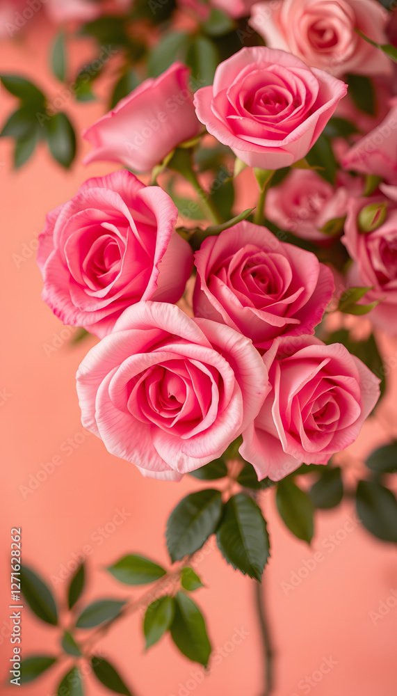 Pink roses on warm rose color background. Holiday flower background for invitation, banner, cinematic. White tone Pink roses on warm rose color background. Holiday flower background for invitation, banner, cinematic. White tone