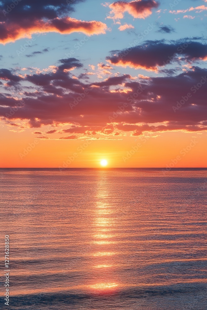 Stunning sunset over the calm ocean with vibrant colors reflecting in the water, perfect for nature and travel-themed projects and backgrounds. Stunning sunset over the calm ocean with vibrant colors reflecting in the water, perfect for nature and travel-themed projects and backgrounds.