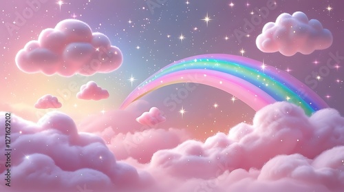 Whimsical Rainbow with Sparkling Clouds, A vibrant rainbow arching over fluffy clouds, perfect for enchanting backgrounds or design projects.