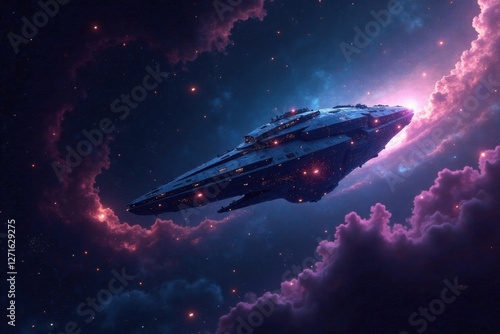 Wallpaper Mural A lone spaceship navigates a vibrant nebula, its lights illuminating the cosmic dust and gas Torontodigital.ca