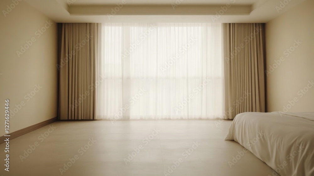 Fototapeta premium Empty Beige Bedroom with Large Windows
