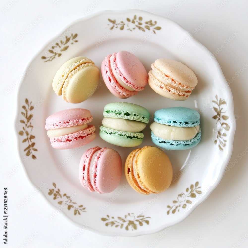 Fototapeta premium Delicate Pastel Macarons Displayed Elegant Plate Dessert Table Food Bright Kitchen Close-Up Culinary Delight