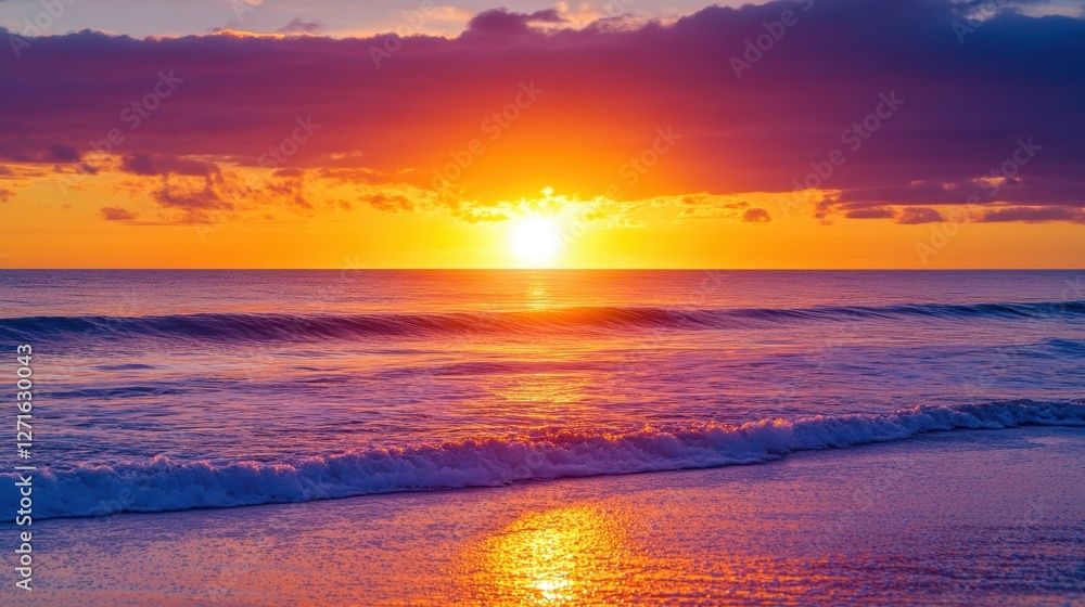 Fototapeta premium Sunset over Ocean Waves: Captivating Beachview with Vibrant Colors and Reflections in the Water for Travel and Nature Photography