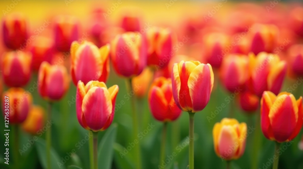 A vibrant field of spring tulips, showcasing a spectrum of warm red and yellow hues, creates a breathtaking natural scene of blooming flowers A vibrant field of spring tulips, showcasing a spectrum of warm red and yellow hues, creates a breathtaking natural scene of blooming flowers