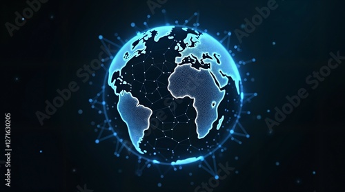 Global Network Connection Digital Earth with Illuminated Lines and Nodes