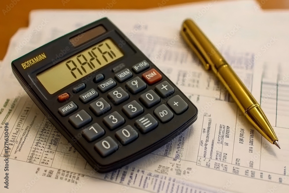 Calculator and Pen on Financial Documents with Numbers and Data Calculator and Pen on Financial Documents with Numbers and Data
