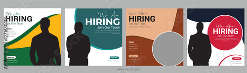 Join our team banners. We are hiring communication poster, help wanted advertising banner with speaker and vacant badge. Hr recruiting hire, vacancy job offer isolated vector signs set