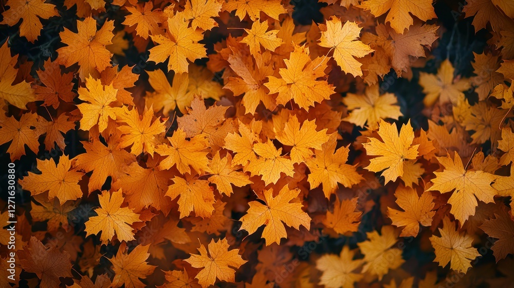 Fototapeta premium Autumn leaves carpet, fall foliage, ground cover, sunlight filtering through