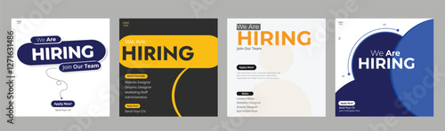 Join our team banners. We are hiring communication poster, help wanted advertising banner with speaker and vacant badge. Hr recruiting hire, vacancy job offer isolated vector signs set
