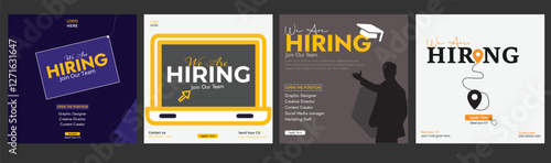 Join our team banners. We are hiring communication poster, help wanted advertising banner with speaker and vacant badge. Hr recruiting hire, vacancy job offer isolated vector signs set