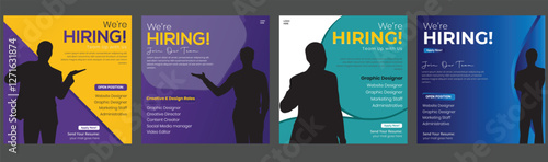 Join our team banners. We are hiring communication poster, help wanted advertising banner with speaker and vacant badge. Hr recruiting hire, vacancy job offer isolated vector signs set