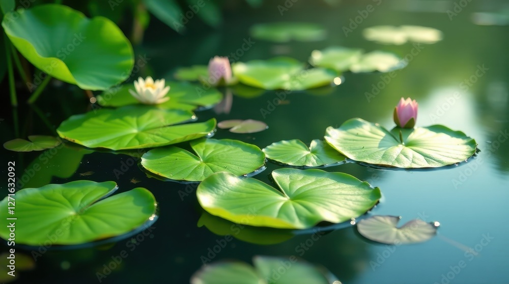 Serene Water Lily Pond A Tranquil Scene of Floating Pads and Blossoms in Soft Sunlight Serene Water Lily Pond A Tranquil Scene of Floating Pads and Blossoms in Soft Sunlight