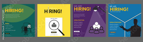 Join our team banners. We are hiring communication poster, help wanted advertising banner with speaker and vacant badge. Hr recruiting hire, vacancy job offer isolated vector signs set