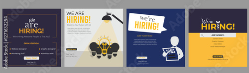 Join our team banners. We are hiring communication poster, help wanted advertising banner with speaker and vacant badge. Hr recruiting hire, vacancy job offer isolated vector signs set