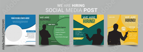 Join our team banners. We are hiring communication poster, help wanted advertising banner with speaker and vacant badge. Hr recruiting hire, vacancy job offer isolated vector signs set
