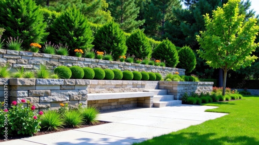 Serene landscape design featuring a stone retaining wall, manicured hedges, blooming flowers, and a built-in bench Serene landscape design featuring a stone retaining wall, manicured hedges, blooming flowers, and a built-in bench