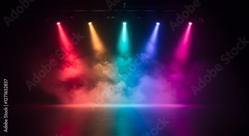 Vibrant Stage Lighting Design: Multicolored Spotlights and Smoke Effects