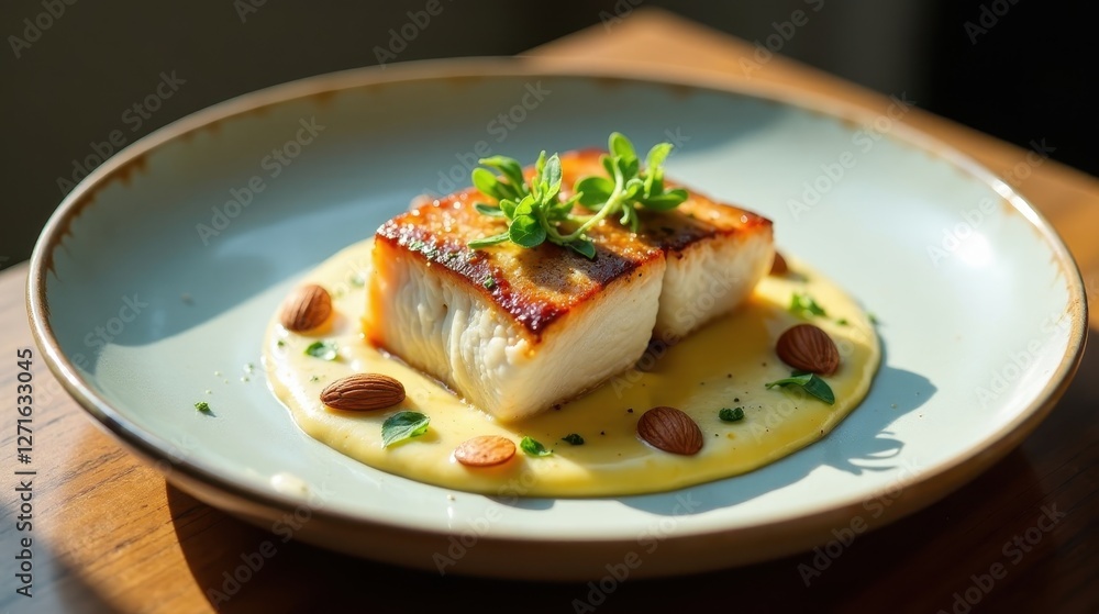 Pan-Seared Fish with Creamy Sauce and Toasted Almonds on a Pale Green Plate Pan-Seared Fish with Creamy Sauce and Toasted Almonds on a Pale Green Plate