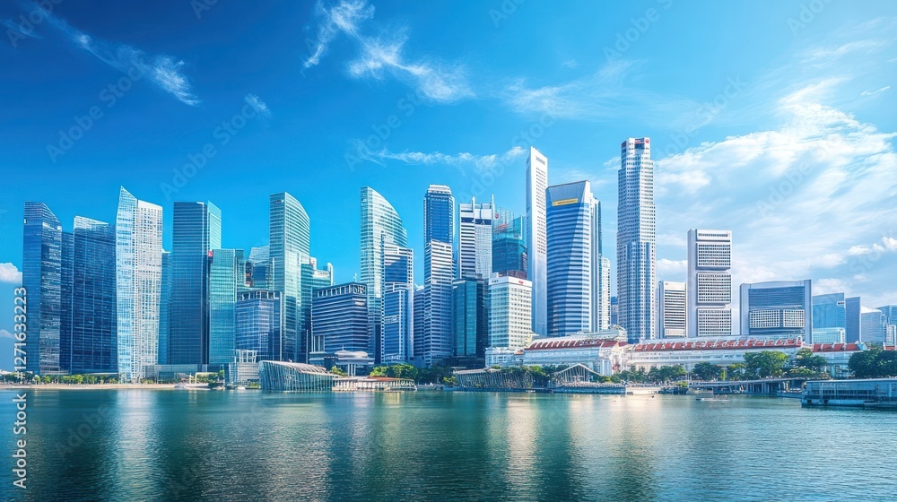 Panoramic view of a modern city skyline on a sunny day, reflected in calm water. Panoramic view of a modern city skyline on a sunny day, reflected in calm water.