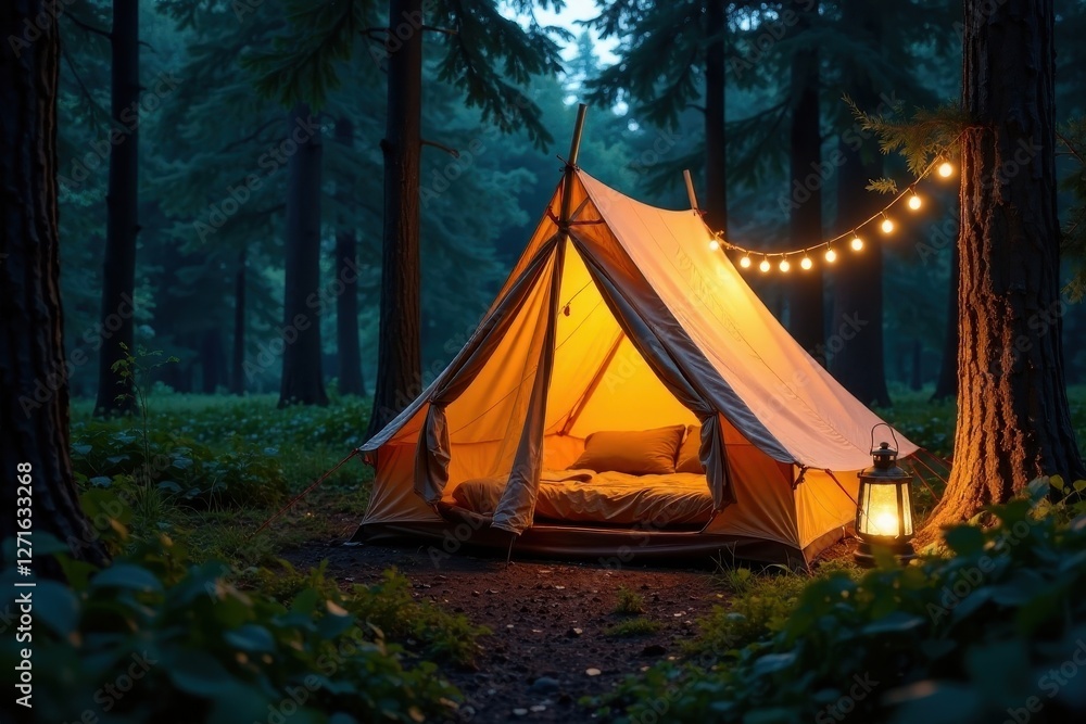 Illuminated canvas tent nestled in a tranquil woodland setting, glowing warmly under the soft light of string lights and a lantern Illuminated canvas tent nestled in a tranquil woodland setting, glowing warmly under the soft light of string lights and a lantern