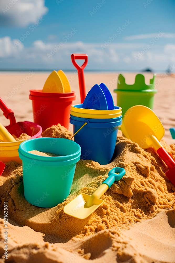 Toys for the sandbox located on the sandy beach, bright sand molds, buckets and shovels, made in different colors.
