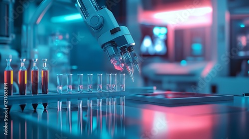 Advanced Biotechnology: A Robotic Arm Working with Biological Samples in a High-Tech Laboratory, Emphasizing Automation, Precision, and Innovation in Life Sciences Research.