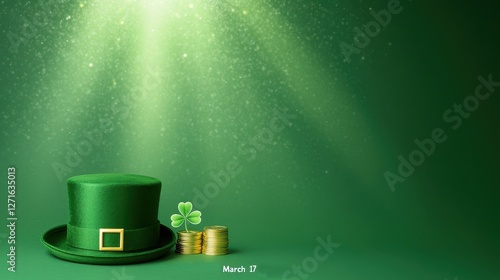 A green top hat with a gold buckle and a four-leaf clover on St. Patrick's Day  March 17 background Celebrate photo