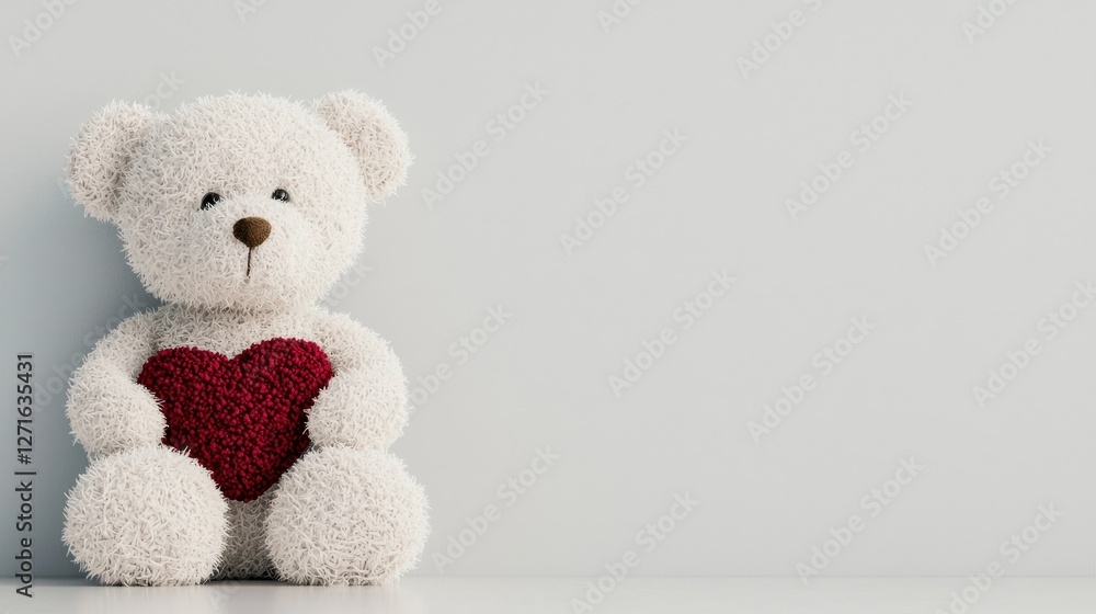 Fototapeta premium Cute plush teddy bear holding a red heart on a minimalist background