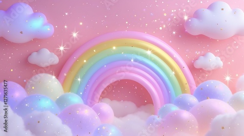 Whimsical Rainbow with Sparkling Clouds, A vibrant rainbow arching over fluffy clouds, perfect for enchanting backgrounds or design projects.
