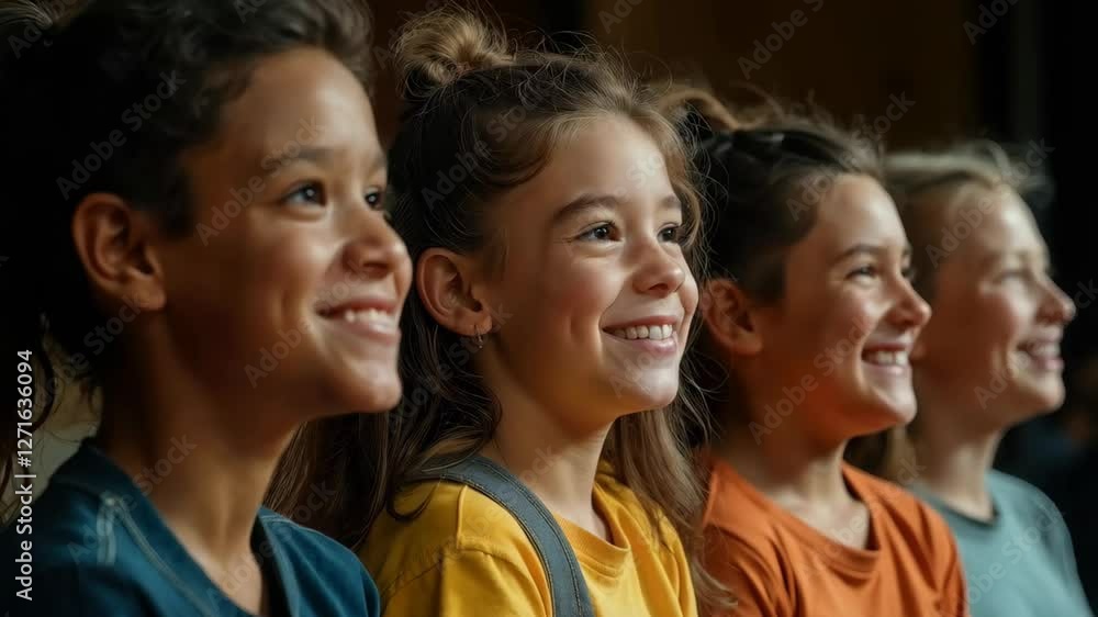 Group of smiling girls sitting together in a movie theater. Diversity children. Group of smiling girls sitting together in a movie theater. Diversity children.