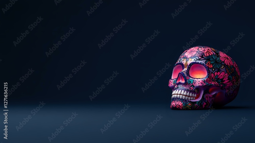 Pink decorative skull with floral pattern on dark background, dramatic side lighting creates mysterious atmosphere. Artistic interpretation for Day of Dead celebration. Pink decorative skull with floral pattern on dark background, dramatic side lighting creates mysterious atmosphere. Artistic interpretation for Day of Dead celebration.