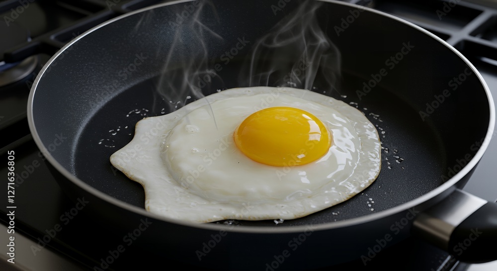 Frying Egg in Pan on Stovetop with Steam for Breakfast Meal Frying Egg in Pan on Stovetop with Steam for Breakfast Meal