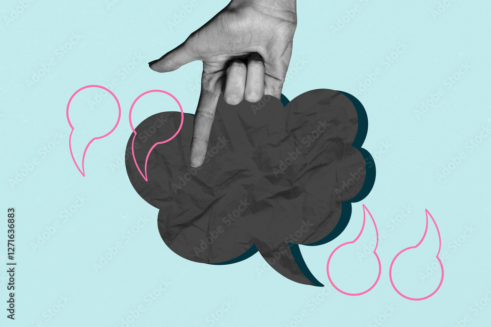 Fototapeta premium Exclusive art banner collage of hand show index finger point cloud communication speech chatterbox quotes conversation phrase