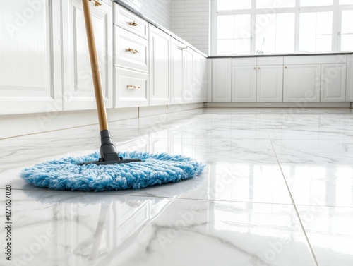 A clean kitchen floor being mopped with a blue mop, showcasing shiny tiles and bright natural light.